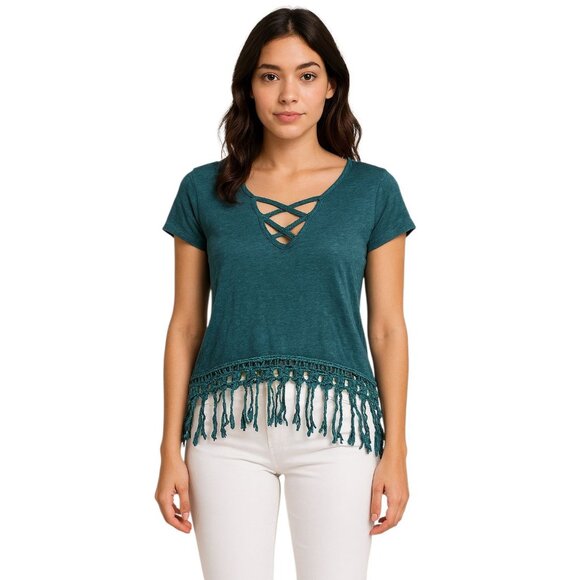 Rue 21 Crop Top Shirt Tassel Dark Teal Cap Sleeves Junior's WOMEN'S EXTRA SMALL - Picture 1 of 12
